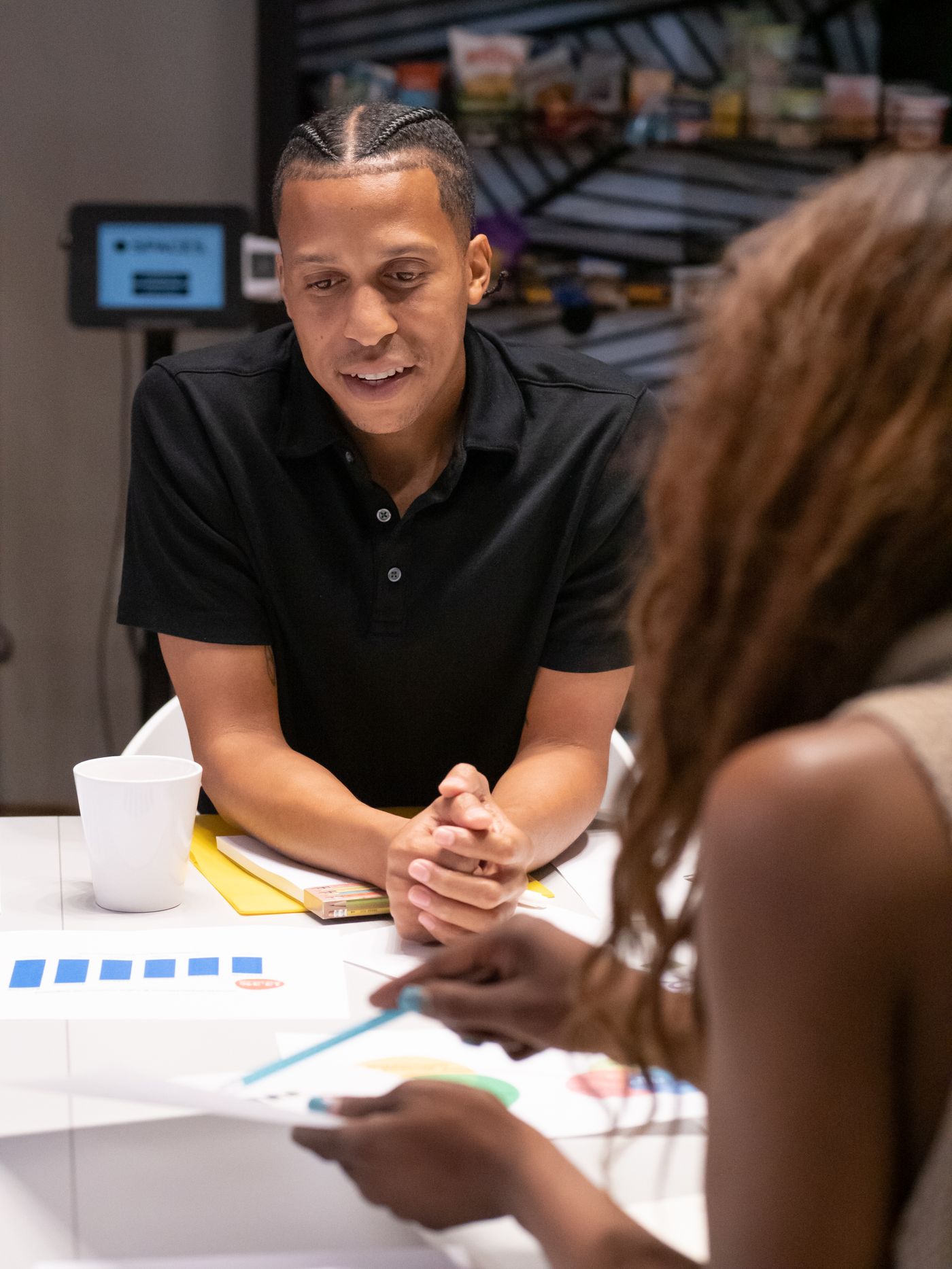 A professional meeting between a recruiter and candidate